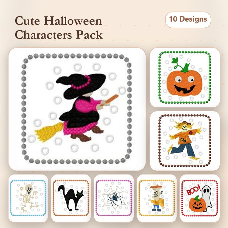 Halloween Characters Embroidery Designs Bundle – Witch on Broomstick, Jack-o'-Lantern, Scarecrow & More (10 Designs)