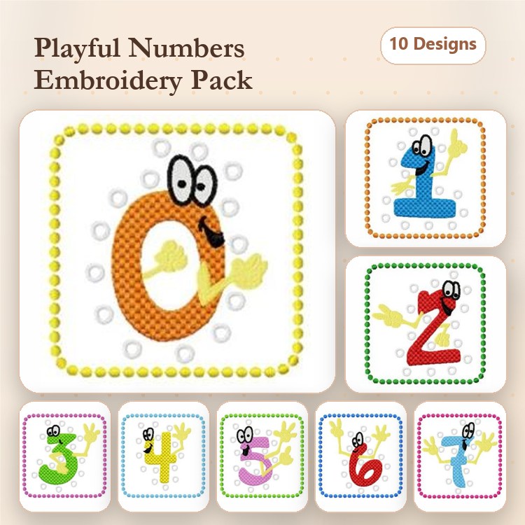 Playful Numbers Embroidery Designs Bundle – Number 0, Number 1, Number 2 & More (10 Designs)