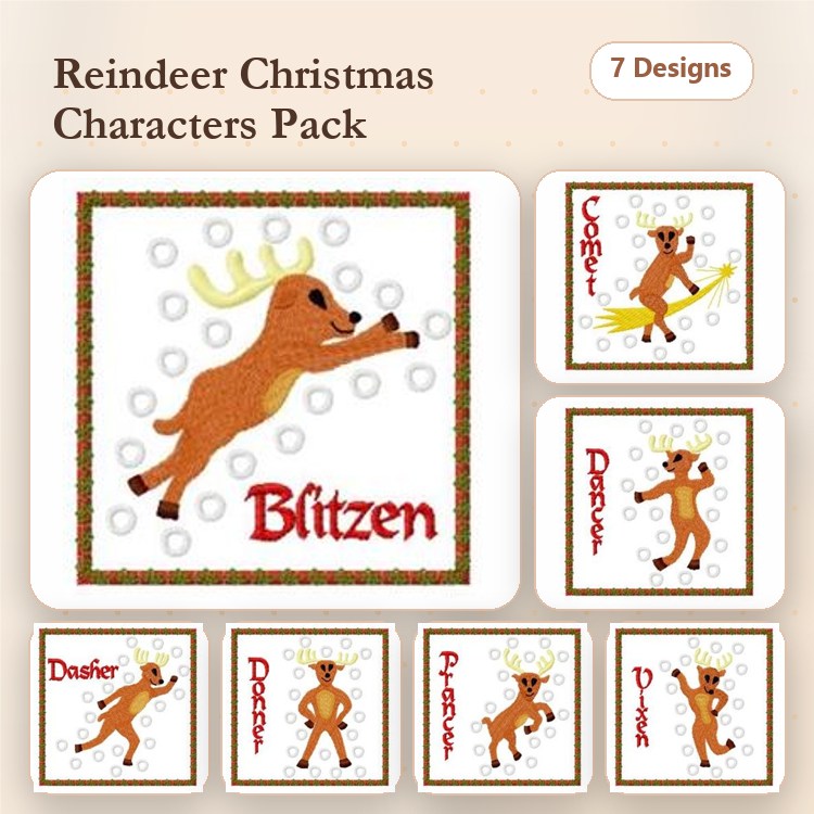 Reindeer Christmas Characters Embroidery Designs Bundle – Blitzen, Dasher, Comet & More (7 Designs)