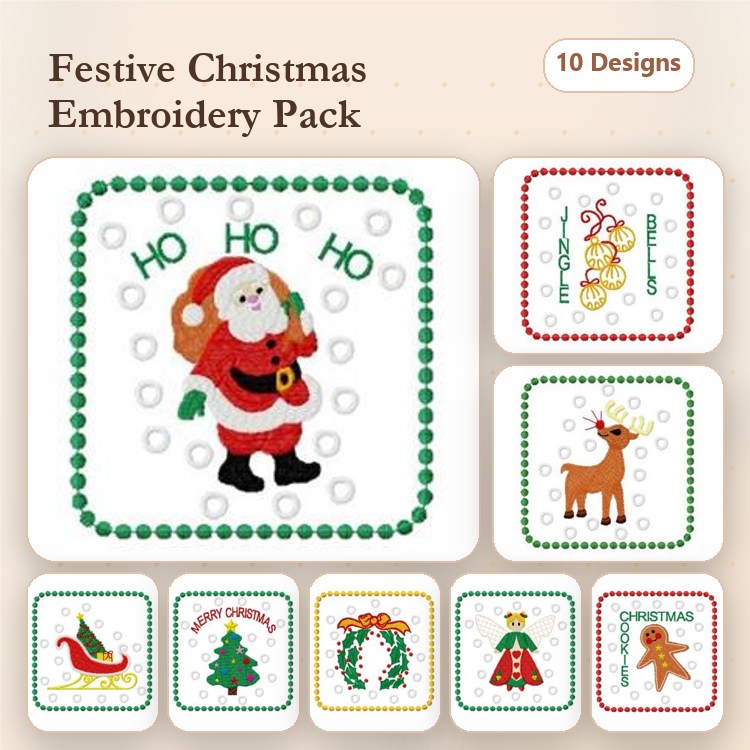 Christmas Characters Embroidery Designs Bundle – Santa with Sack, Reindeer, Christmas Tree & More (10 Designs)