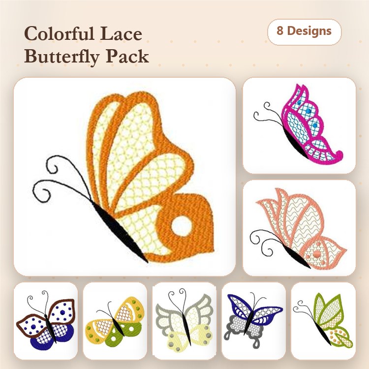 FSL Colorful Lace Butterflies Embroidery Bundle – Orange, Pink, Blue & More (8 Designs)