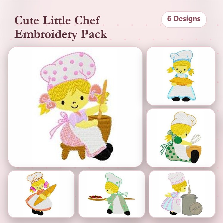 Cute Little Chef Embroidery Designs Bundle – Chef with Rolling Pin, Cooking Pot, Cake & More (6 Designs)