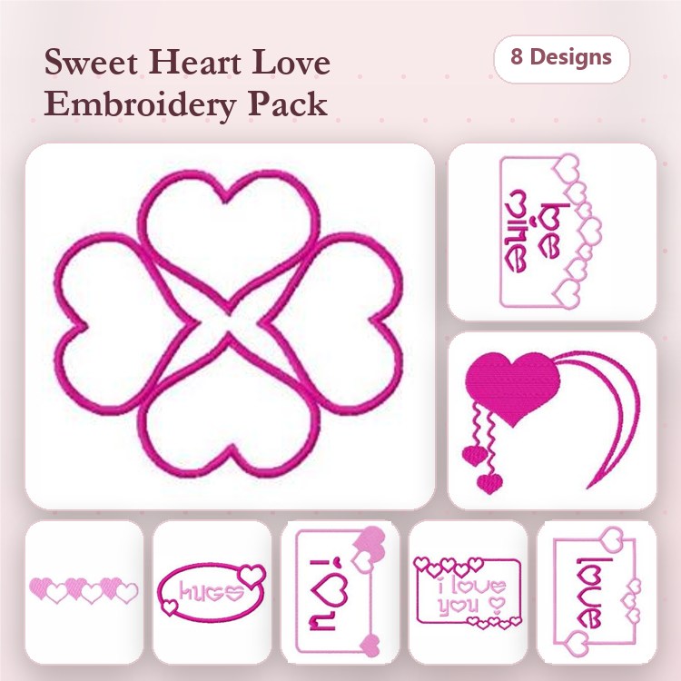 Redwork Heart-Themed Embroidery Designs Bundle – Heart Motif, Love Script, Hug Design & More (8 Designs)