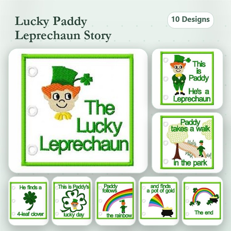 Leprechaun Story Embroidery Designs Bundle – Leprechaun Character, Four Leaf Clover, Rainbow & More (10 Designs)