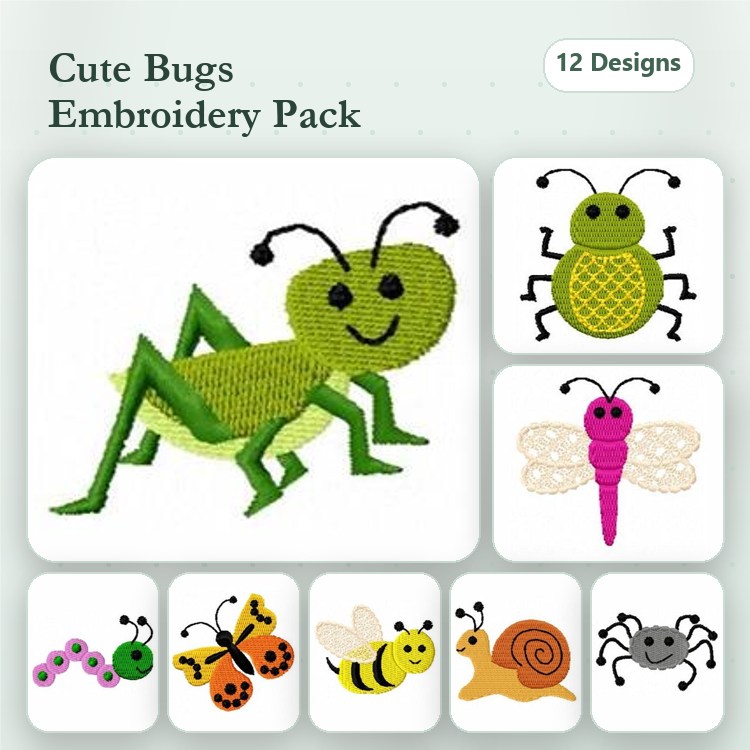 Cute Bugs Embroidery Designs Bundle – Grasshopper, Ladybug, Dragonfly & More (12 Designs)