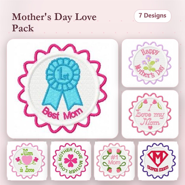 Mother's Day Embroidery Designs Bundle – Blue Ribbon Best Mom, Happy Mother's Day, Love my Mom & More (7 Designs)