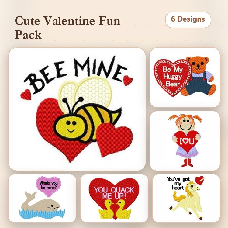 Valentine's Day Embroidery Designs Bundle – Bee Mine, Be My Huggy Bear, I Love You & More (6 Designs)