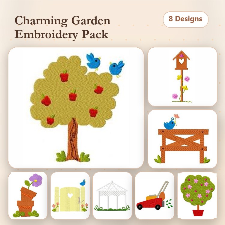 Gardening Embroidery Designs Bundle – Apple Tree with Birds, Birdhouse, Garden Bench & More (8 Designs)