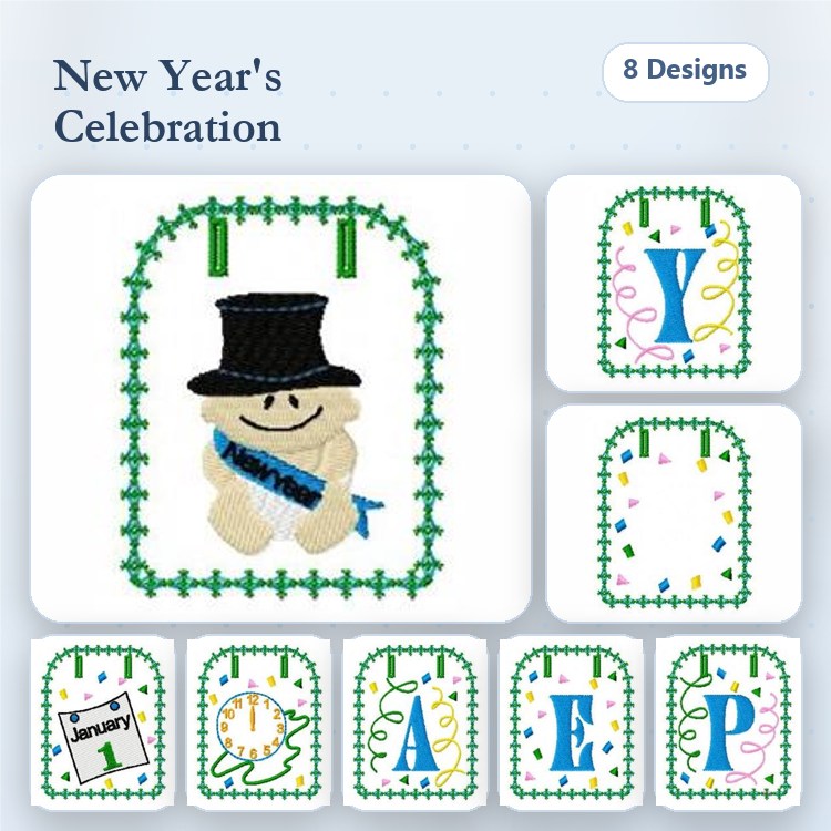 New Year's Celebration Embroidery Designs Bundle – Snowman with Top Hat, January Calendar, & Festive Decorations (8 Designs)