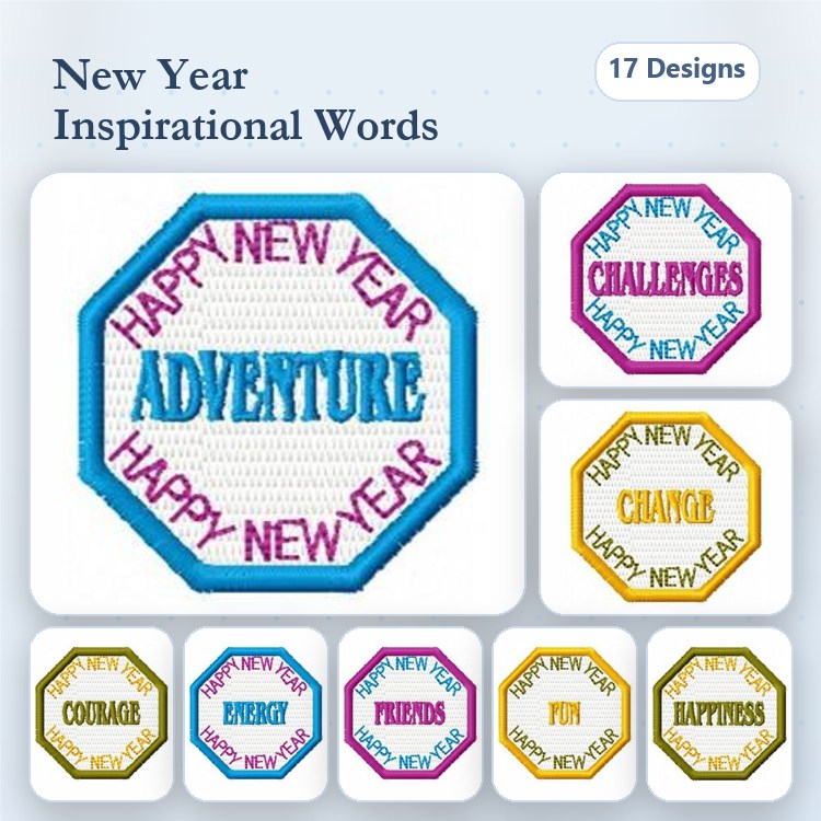 New Year Inspirational Words Embroidery Designs Bundle – Happy New Year Adventure, Courage, Friends & More (17 Designs)