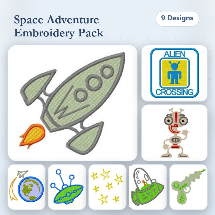 Space Adventure Embroidery Designs Bundle – Rocket Ship, Alien Crossing Sign, Robot & More (9 Designs)