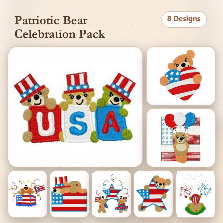Patriotic Bears Embroidery Bundle – USA Bears, Bear with Heart, Bear with Flag & More (8 Designs)