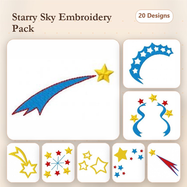 Celestial Themes Embroidery Designs Bundle – Shooting Star, Comet with Tail, Star Burst & More (20 Designs)