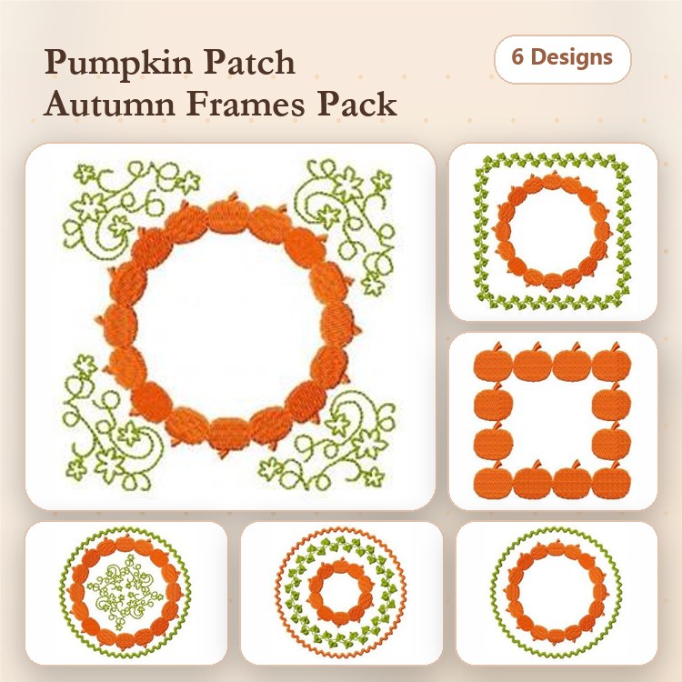 Autumn-Themed Frames Embroidery Designs Bundle – Pumpkin Frame, Floral Frame, Decorative Pumpkin Frame & More (6 Designs)