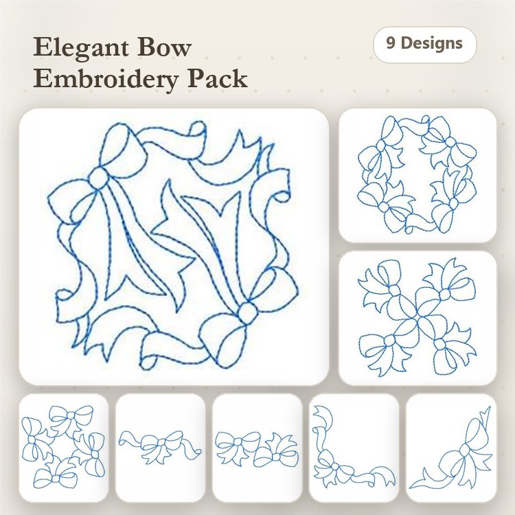 Redwork Elegant Bow Embroidery Designs Bundle – Bow with Leaves, Bow and Holly, Single Bow & More (9 Designs)