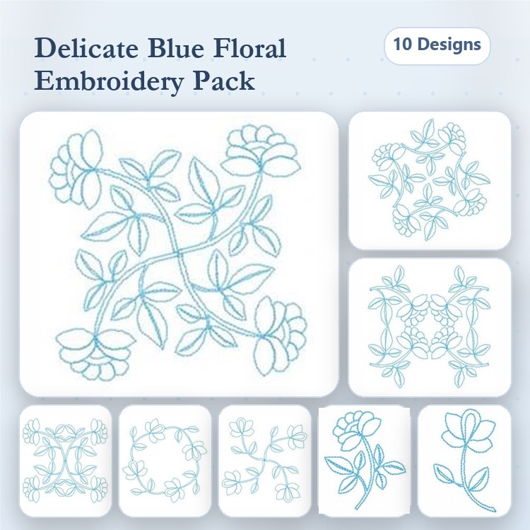 Redwork Floral Embroidery Designs Bundle – Floral Bouquet with Roses, Floral Vine with Leaves, Single Flower with Stem & More (10 Designs)