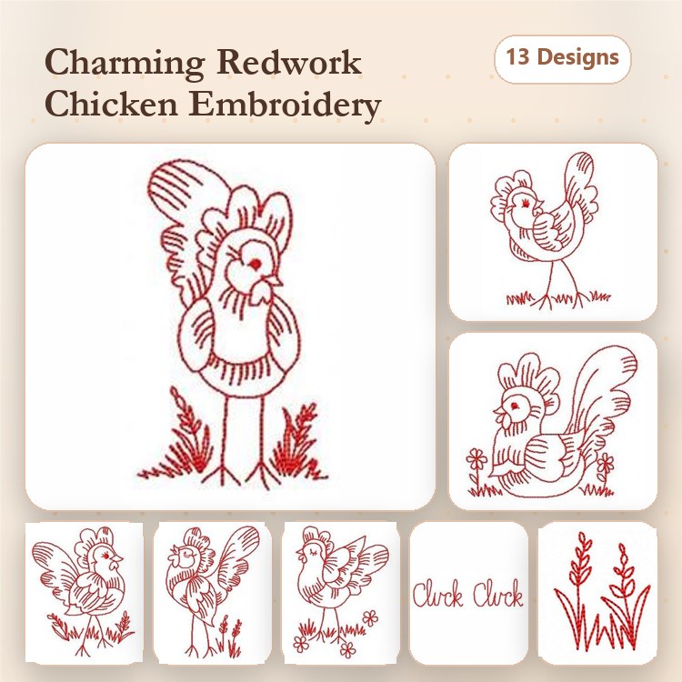 Redwork Charming Chicken Embroidery Designs Bundle – Chicken Family, Hen with Grass, Rooster with Flowers & More (13 Designs)