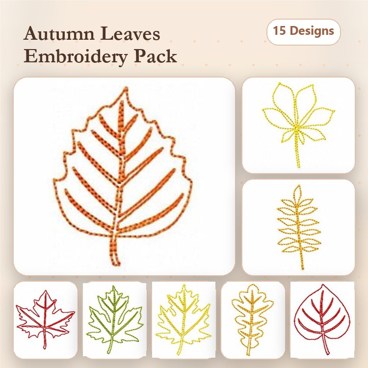 Redwork Autumn Leaves Embroidery Designs Bundle – Maple Leaf, Oak Leaf, Pine Leaf & More (15 Designs)
