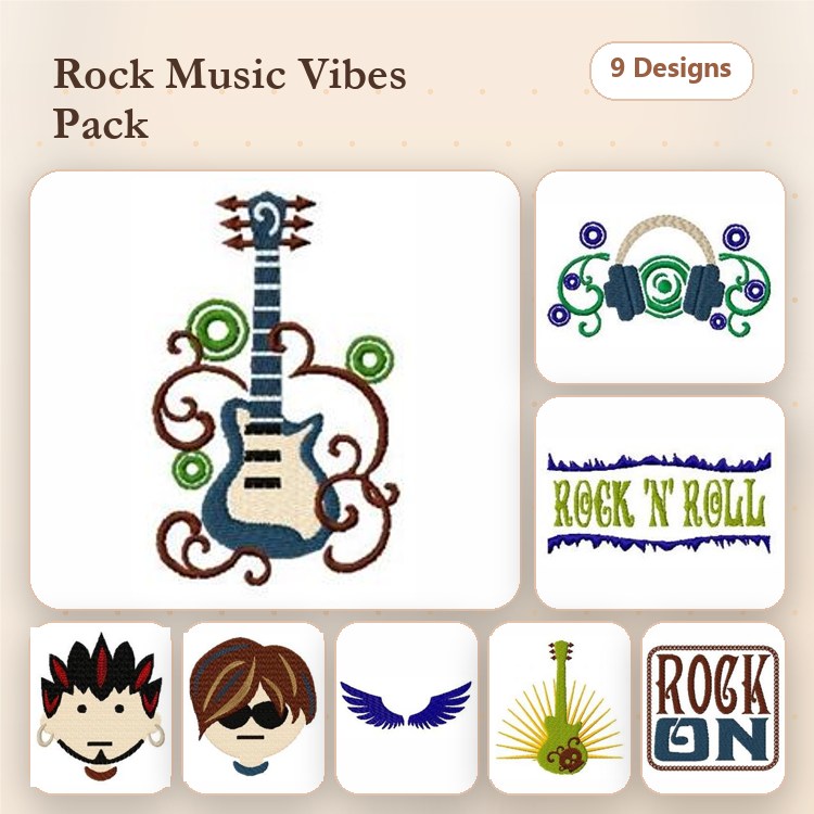 Rock Music Embroidery Designs Bundle – Electric Guitar, Rock 'n' Roll Text, Headphones & More (9 Designs)