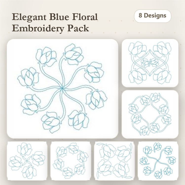Redwork Floral Embroidery Bundle – Blue Floral Design 1, Blue Floral Design 2, Blue Floral Design 3 & More (8 Designs)