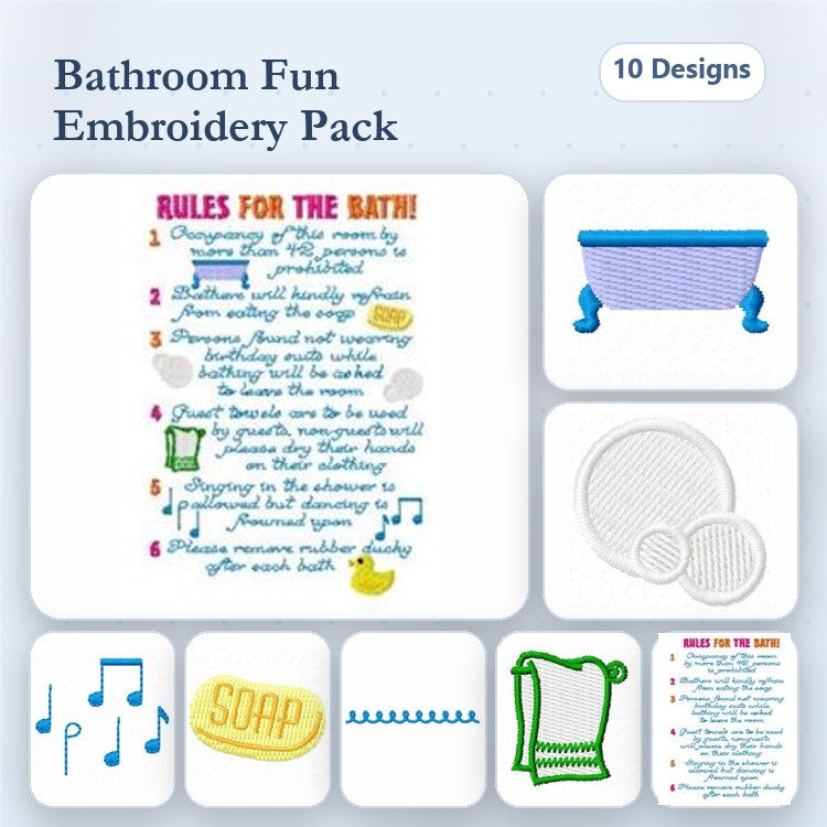 Bathroom Decor Embroidery Designs Bundle – Soap, Bath Tub, Wash Cloth & More (10 Designs)