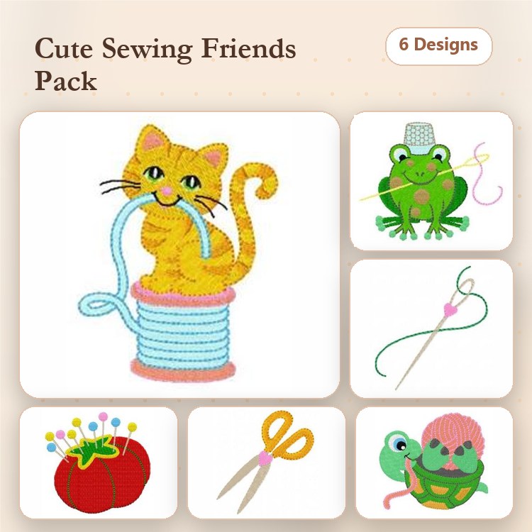 Sewing-Themed Characters Embroidery Bundle – Cat with Yarn, Frog with Needle, Scissors & More (6 Designs)