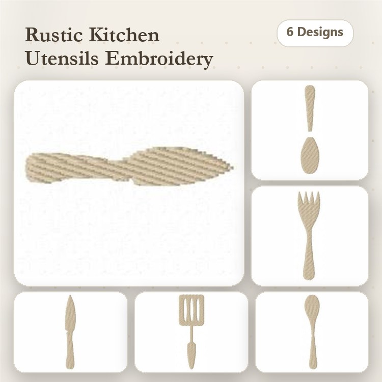 Kitchen Utensils Embroidery Bundle – Wooden Spatula, Whisk, Fork, Knife & More (6 Designs)