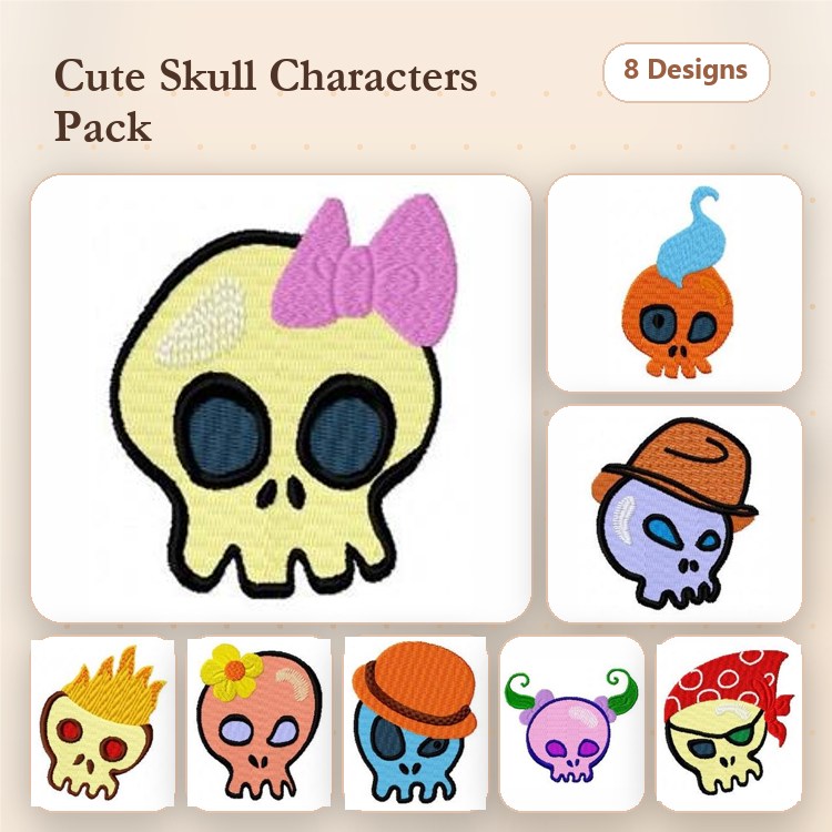 Cute Skull Characters Embroidery Designs Bundle – Skull with Pink Bow, Skull with Blue Swirl, Skull with Orange Hat & More (8 Designs)