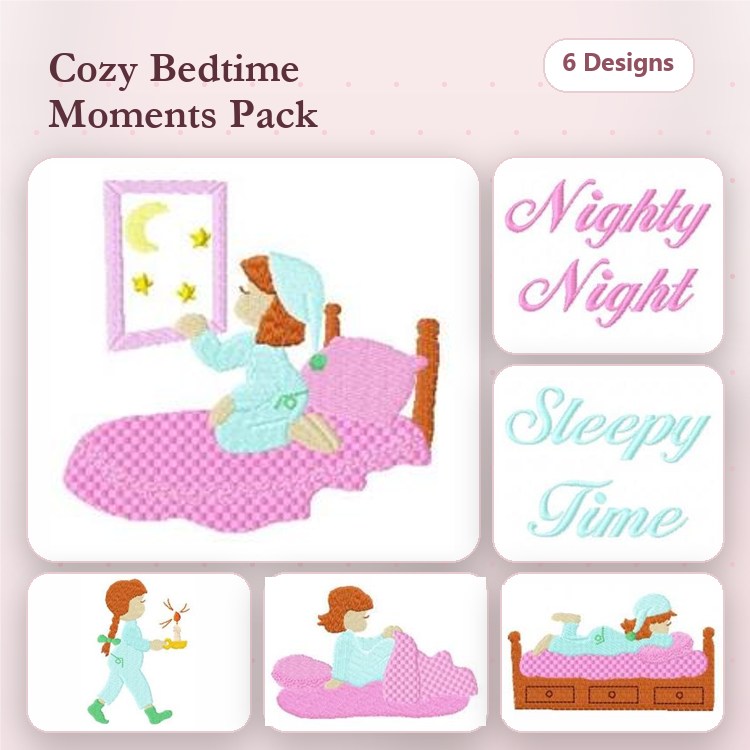 Bedtime Themes Embroidery Bundle – Girl Looking at Moon, Sleepy Time Text, Girl Walking to Bed & More (6 Designs)