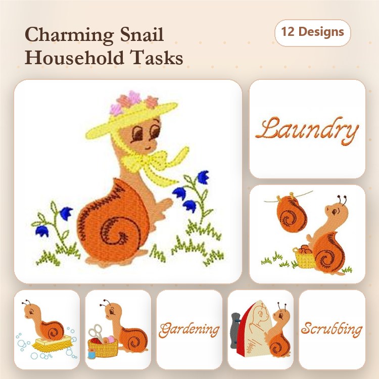 Charming Snails with Household Tasks Embroidery Designs Bundle – Laundry Snail, Gardening Snail, Snail with Flowers & More (12 Designs)