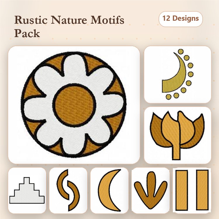 Nature Motifs Embroidery Designs Bundle – Daisy, Flower, Leaf, Crescent Moon & More (12 Designs)
