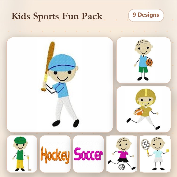 Kids Sports Embroidery Designs Bundle – Baseball Boy, Basketball Boy, Soccer Boy & More (9 Designs)