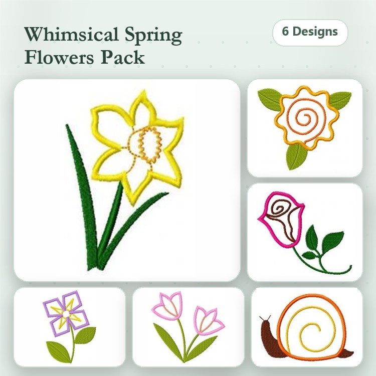 Spring Flowers Embroidery Designs Bundle – Daffodil, Rose, Tulip & More (6 Designs)