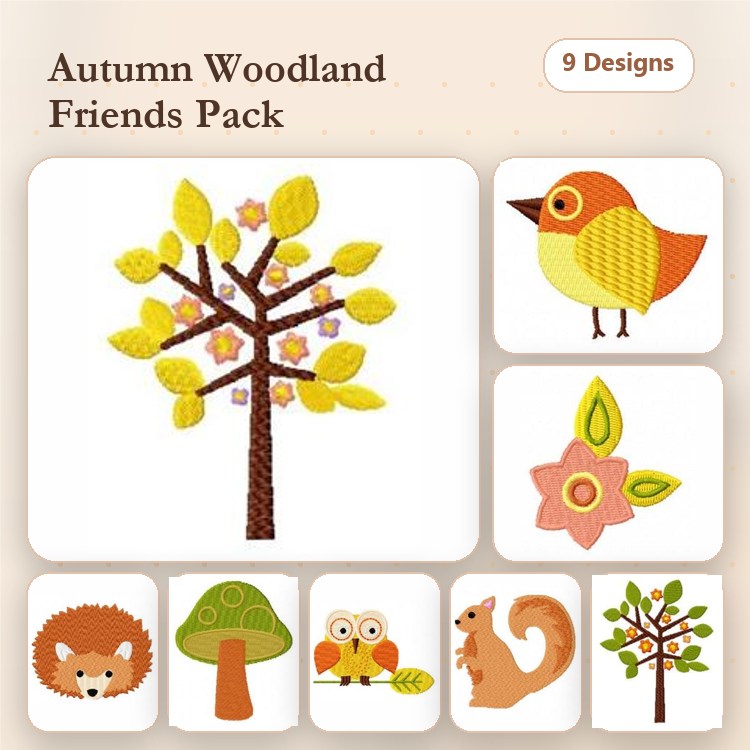 Autumn Woodland Animals Embroidery Designs Bundle – Tree with Leaves, Bird, Hedgehog & More (9 Designs)
