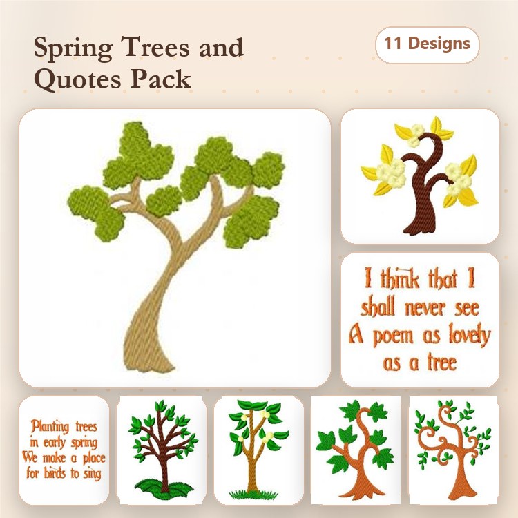 Spring Trees and Quotes Embroidery Designs Bundle – Green Tree with Leaves, Poem as Lovely as a Tree, Tree with Birds & More (11 Designs)