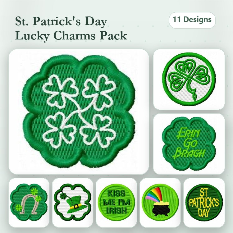 St. Patrick's Day Charms Embroidery Designs Bundle – Four Leaf Clover, Shamrock, Leprechaun Hat & More (11 Designs)