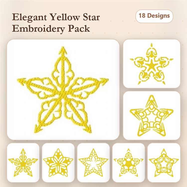 Elegant Yellow Star Embroidery Designs Bundle – Yellow Star with Swirls, Intricate Yellow Star & More (18 Designs)