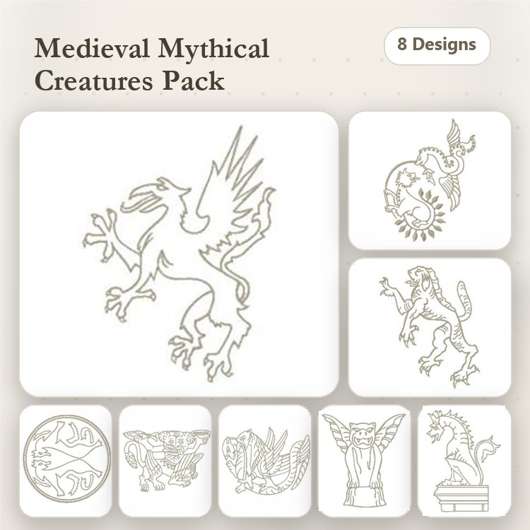 Redwork Medieval Mythical Creatures Embroidery Designs Bundle – Griffin, Dragon, Unicorn, & More (8 Designs)