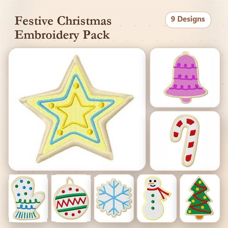 Festive Christmas Embroidery Designs Bundle – Star Ornament, Bell Ornament, Candy Cane & More (9 Designs)