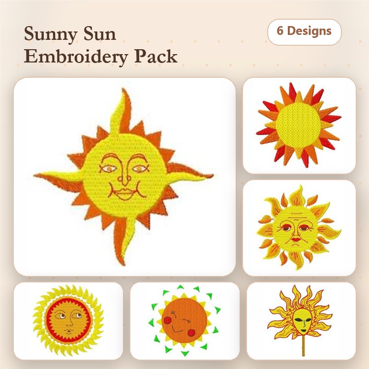 Sunny Sun Embroidery Designs Bundle – Smiling Sun with Face, Radiant Sun, Cheerful Sun & More (6 Designs)