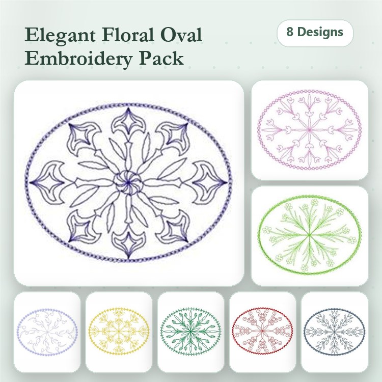 Redwork Floral Embroidery Designs Bundle – Elegant Oval Floral Patterns & More (8 Designs)
