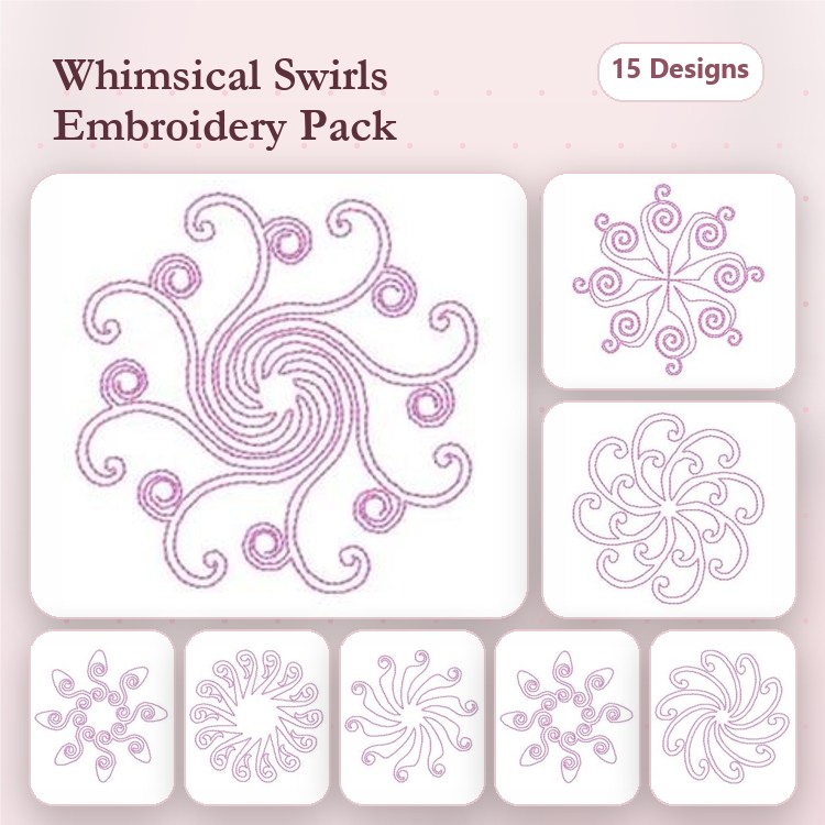 Redwork Swirly Embroidery Designs Bundle – Swirly Design 1, Swirly Design 2, Swirly Design 3 & More (15 Designs)