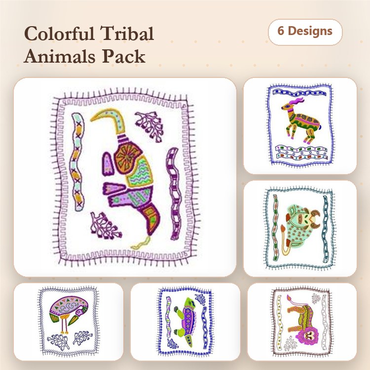 Colorful Tribal Animal Embroidery Bundle – Toucan, Lizard, Owl & More (6 Designs)