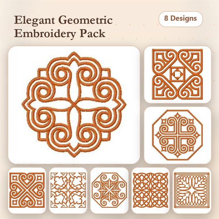 Geometric Patterns Embroidery Designs Bundle – Intricate Circular Design, Complex Geometric Pattern & More (8 Designs)