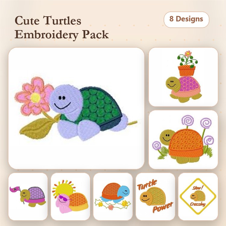 Cute Turtle Embroidery Bundle – Happy Turtle with Flower, Smiling Turtle, Turtle with Flowers & More (8 Designs)