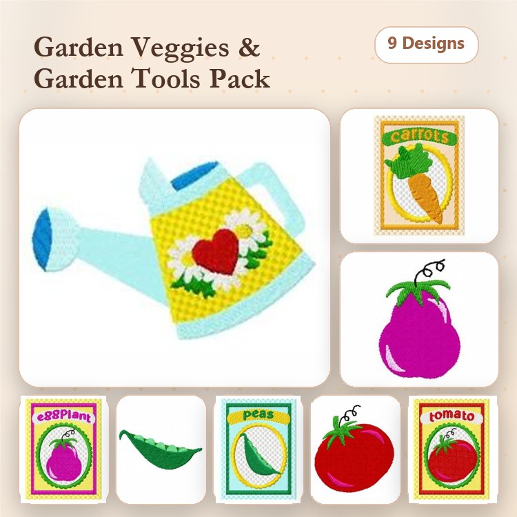 Garden Vegetables & Tools Embroidery Designs Bundle – Watering Can, Carrot Label, Eggplant Label & More (9 Designs)