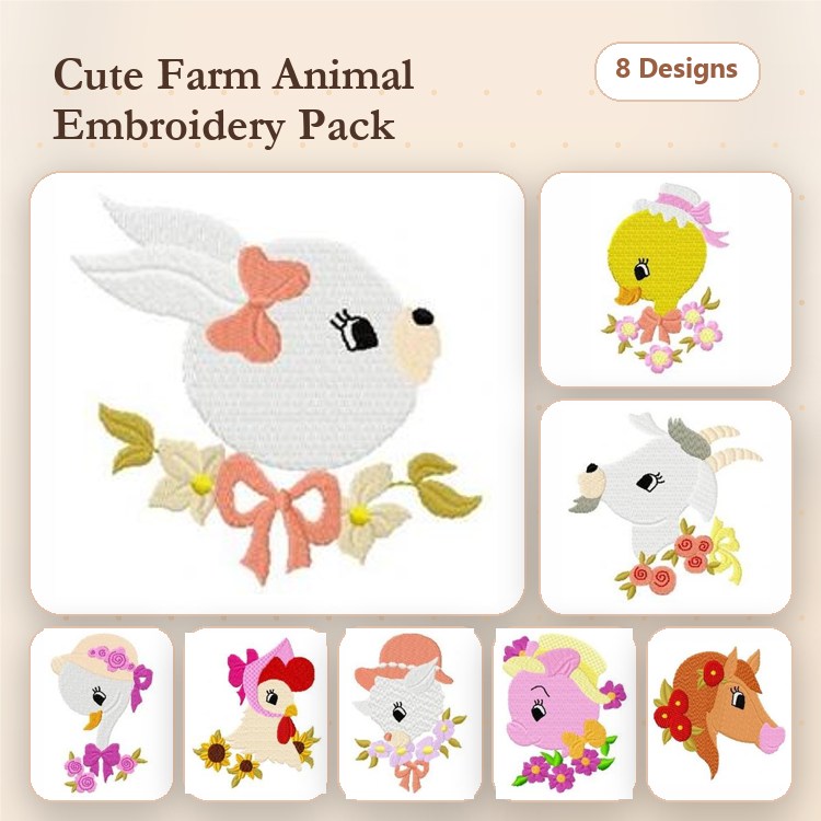 Farm Animal Embroidery Bundle – Bunny with Bow, Chick with Flowers, Goat with Flowers & More (8 Designs)
