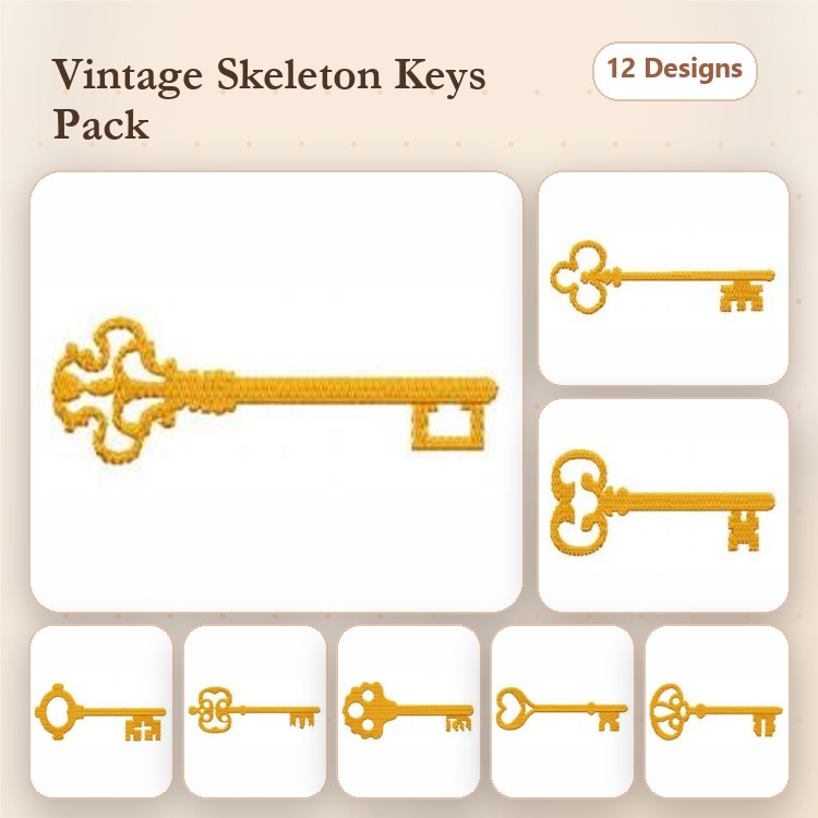 Skeleton Keys Embroidery Designs Bundle – Ornate Handle, Tall Key, Decorative Key & More (12 Designs)