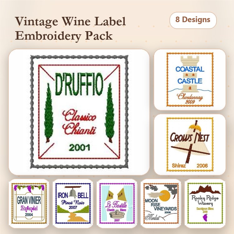 Vintage Wine Labels Embroidery Designs Bundle – D'Ruffio, Coastal Castle, Crow's Nest & More (8 Designs)