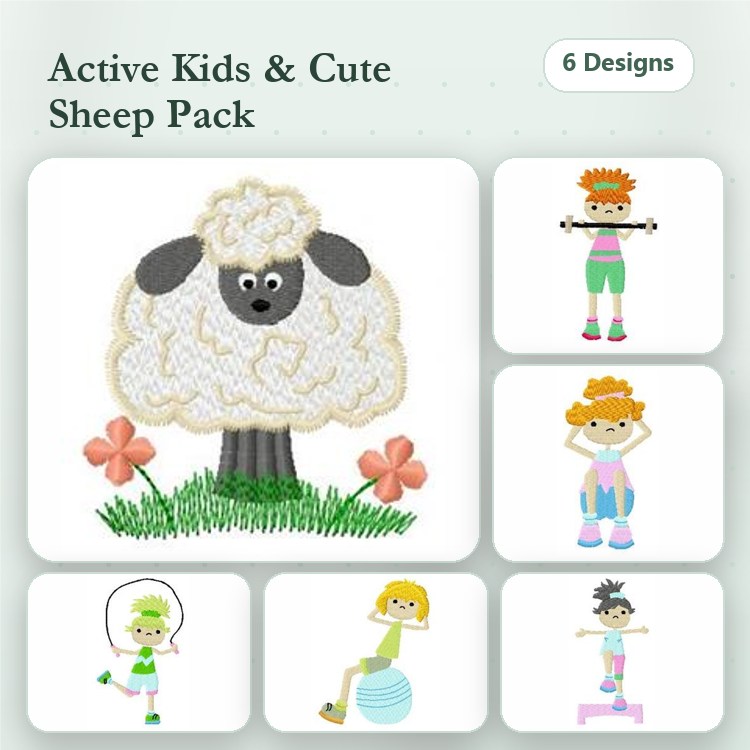 Active Kids & Sheep Embroidery Designs Bundle – Cute Sheep, Girl with Exercise Ball, Boy Exercising & More (6 Designs)